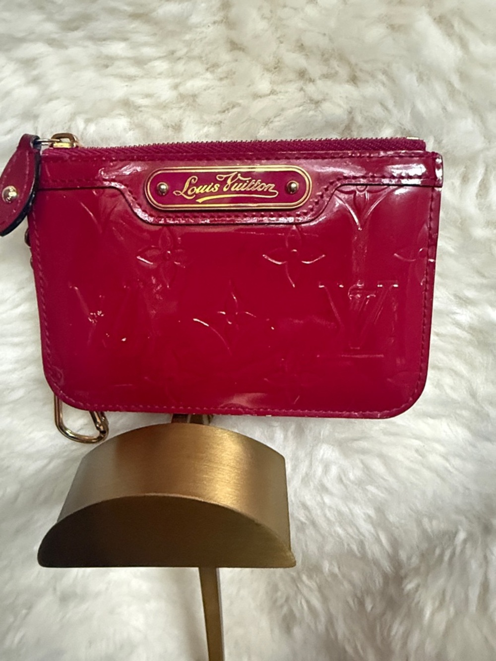 Louis Vuitton Vernis Fuchsia Zip Card Coin Pouch with Gold Plaque